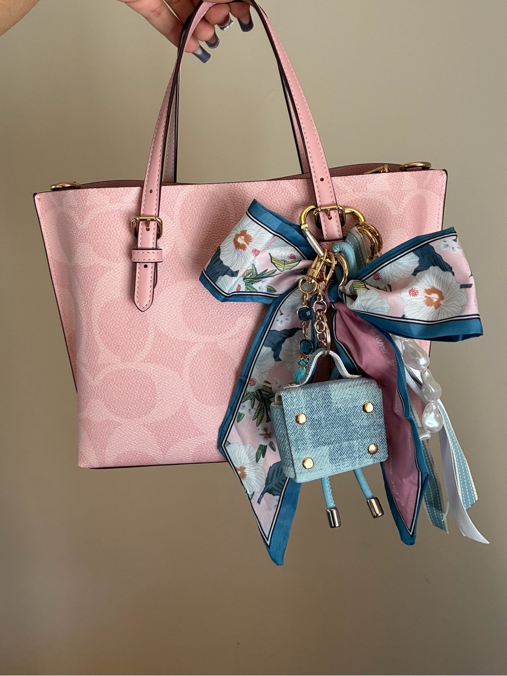 Blue Floral Bow Bag Charm with Denim Mini Purse Keychain